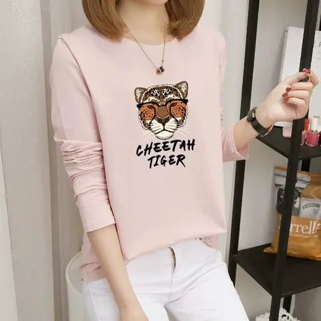 长袖上衣老虎印花t恤女2022秋季新款韩版宽松百搭体恤纯棉打底衫图片