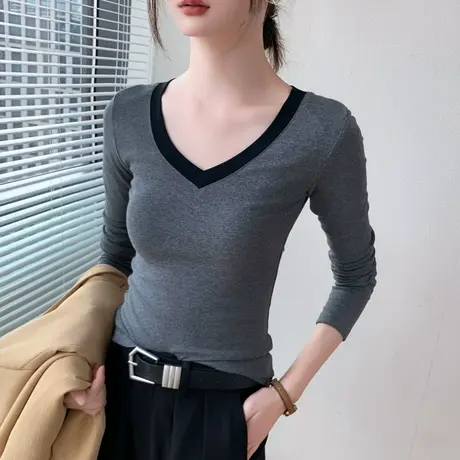 撞色拼接深V领长袖T恤女2023早秋新品修身西装内搭上衣正肩打底衫商品大图