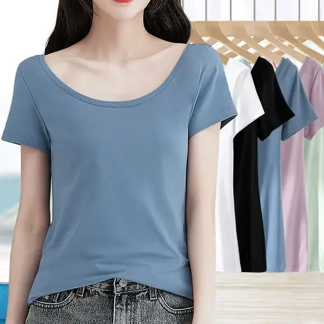 纯棉短袖t恤女夏季2023新款低领内搭上衣修身百搭显瘦纯色打底衫图片