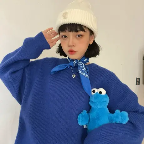 红续克莱因蓝加厚保暖毛衣小坑条针织衫显白宽松长袖外套秋冬新款图片