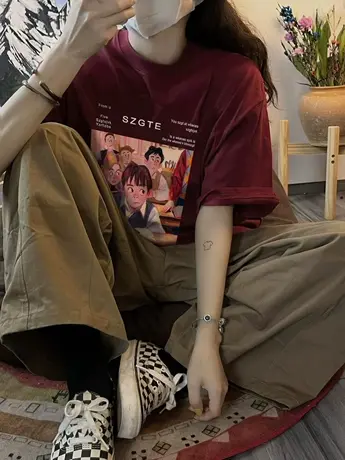 重磅纯棉酒红色短袖t恤女夏季2023新款宽松美式复古半袖上衣潮牌图片