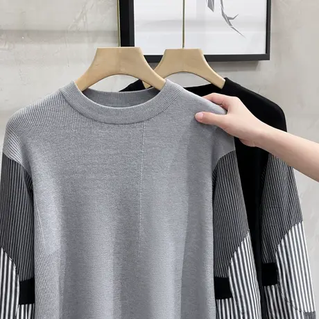 男士假两件长袖毛衣秋冬时尚拼接潮流修身圆领针织毛背心马甲帅气商品大图