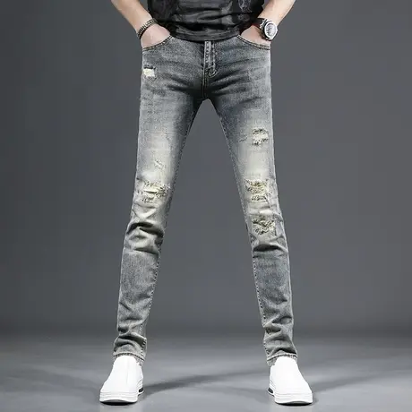 高街破洞牛仔裤男2023夏季新款潮牌修身小脚蓝色复古弹力薄款裤子商品大图