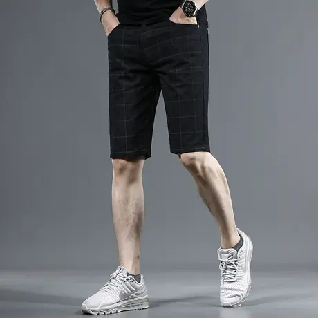 黑色牛仔短裤男夏季薄款格纹修身直筒弹力百搭男士五分裤中裤夏天商品大图