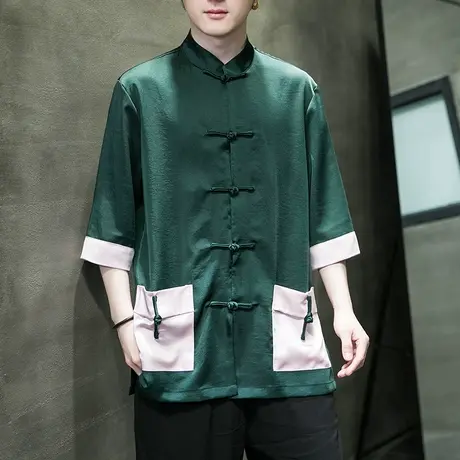 夏季薄款中国风冰丝短袖衬衫男装休闲盘扣新中式唐装五分中袖衬衣图片