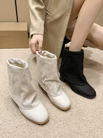 2023秋季新款设计感小众复古方头褶皱堆堆靴粗跟裤管靴西部短靴女商品大图