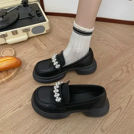 乐福鞋女2023夏新款一脚蹬珍珠爆款单鞋日系jk厚底黑色粗跟小皮鞋商品大图