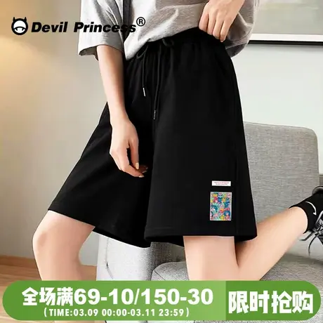 日系宽松卡通黑色短裤女2024夏季新款阔腿BF风男女同款五分裤中裤商品大图