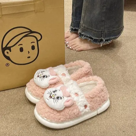棉拖鞋女冬季外穿可爱玛丽猫室内居家防滑月子鞋毛绒保暖包跟棉鞋商品大图