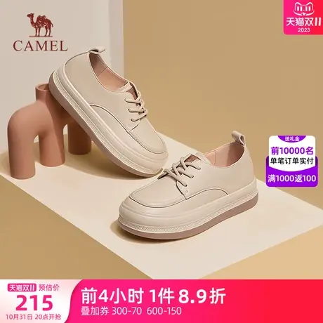 骆驼女鞋2023秋季新款英伦风小皮鞋女系带深口高跟粗跟单鞋女图片