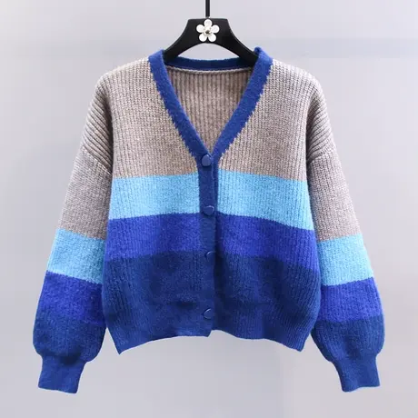 小香风V领条纹毛衣外套女秋冬2023年新款宽松设计感短款针织开衫图片