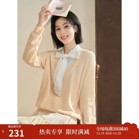 【商场同款】茵曼2023春女装新款优雅拼接系带领肌理感宽松毛衣图片