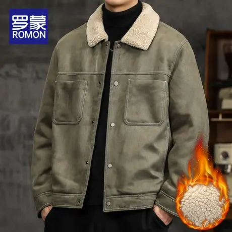 罗蒙麂皮绒夹克男士秋冬季爆款加绒加厚保暖外套休闲百搭翻领上衣商品大图