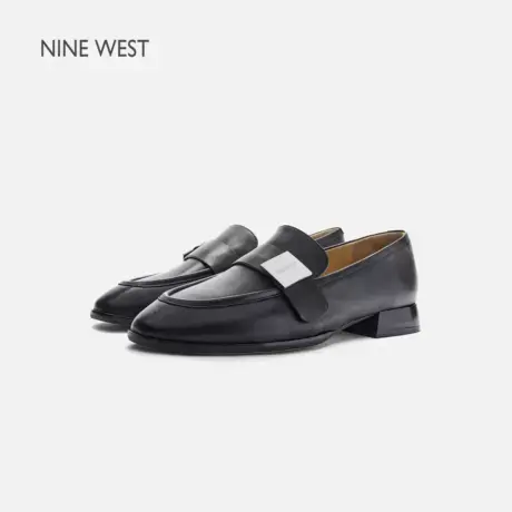 Nine West/玖熙乐福鞋女2025新款小皮鞋软底通勤一脚蹬黑色真皮商品大图