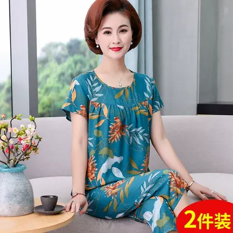 妈妈棉绸睡衣女夏季薄款短袖女士宽松绵绸家居服中老年人造棉套装商品大图