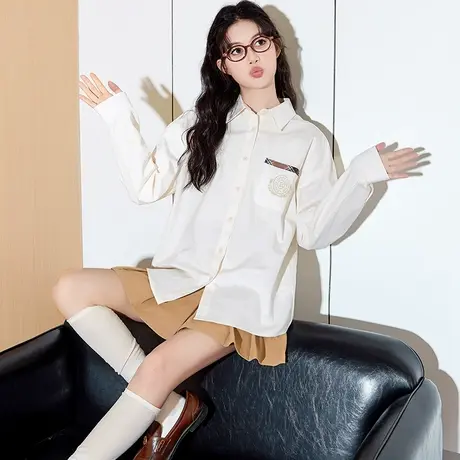 唐狮长袖衬衫女春秋新款翻领英伦学院风净色格子宽松拼接衬衫图片