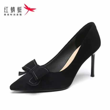 红蜻蜓女鞋黑色气质绒面蝴蝶结女士高跟鞋女2024新款细跟尖头春秋图片