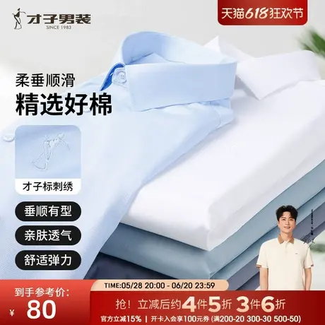 才子男装长袖衬衫男士2024秋季新款修身商务正装刺绣打底蓝色衬衫商品大图