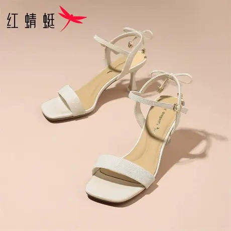 红蜻蜓高跟鞋细跟凉鞋女士2025新款夏季黑色女鞋一字带配裙子鞋子图片