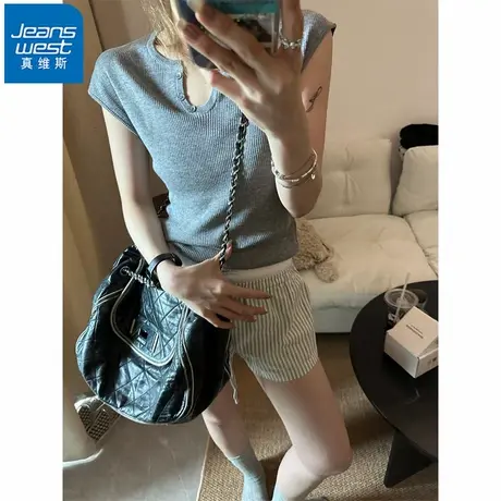 NR真维斯针织V领短袖女t恤夏2025新款小个子短款修身内搭正肩上衣商品大图