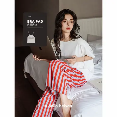 贝妍带胸垫睡衣女夏季薄款纯棉短袖条纹长裤套装女大码凉感家居服商品大图