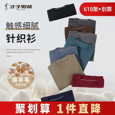 才子男装圆领羊毛针织衫男2024秋季新款修身纯色打底内搭黑色毛衣商品大图