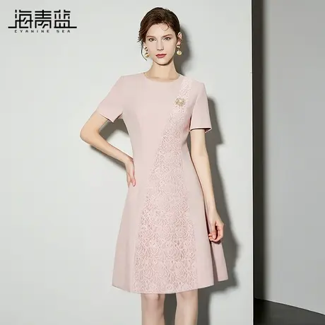 海青蓝高级感短袖连衣裙女2025新款春夏季薄款拼接蕾丝时尚气质裙图片