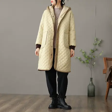 dza 文艺复古中长款棉服女2022新款冬季外套女装连帽棉衣保暖棉袄图片