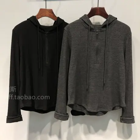 2023秋装韩国ulzzang新款纯色领口拉链休闲短款连帽长袖T恤上衣女商品大图