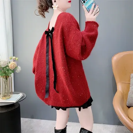 新年红色亮片蝴蝶结毛衣女秋冬2024新款宽松洋气减龄长袖针织上衣图片