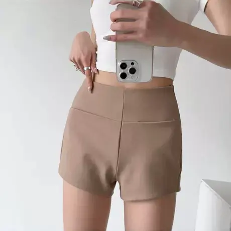 辣妹高腰包臀短裤女春夏季新款侧拉链拼接后口袋紧身显瘦纯色热裤图片