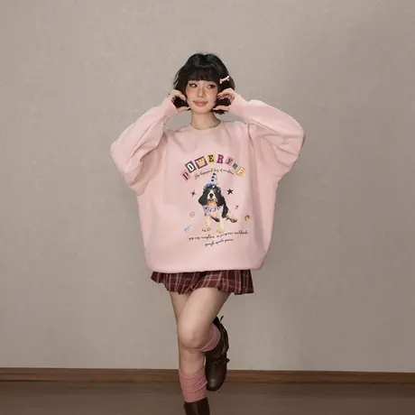 YEP复古卡通印花圆领卫衣女早秋新款插肩袖套头宽松oversize上衣商品大图