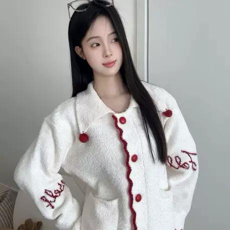 韩版可爱少女半边绒睡衣女秋冬季2025加绒加厚开衫睡衣家居套装商品大图