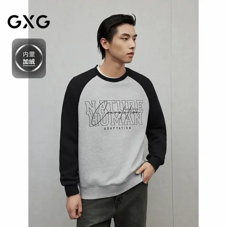 GXG男装 双色加绒撞色拼接插肩袖立体绣花圆领卫衣男士 24冬品商品大图