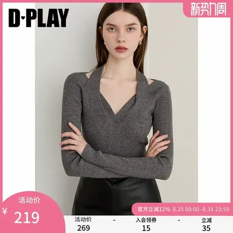 DPLAY2025年秋季新款灰色针织衫女亮丝设计长袖打底衫挂脖上衣图片