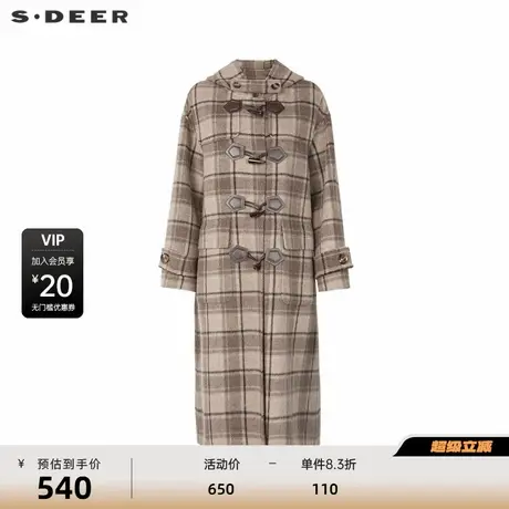 sdeer圣迪奥女装学院风连帽格纹羊角扣毛呢大衣S244Z2504商品大图