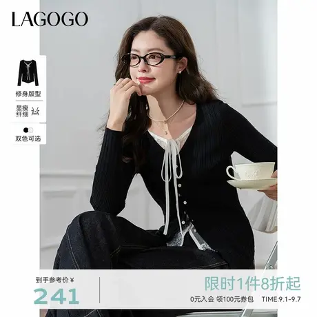 LAGOGO修身显瘦蕾丝系带针织衫女拉谷谷2025秋新款黑色时尚上衣商品大图