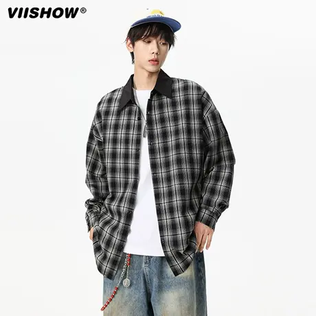 VIISHOW格子长袖衬衫男生秋季2025新款美式宽松休闲翻领衬衣外套商品大图