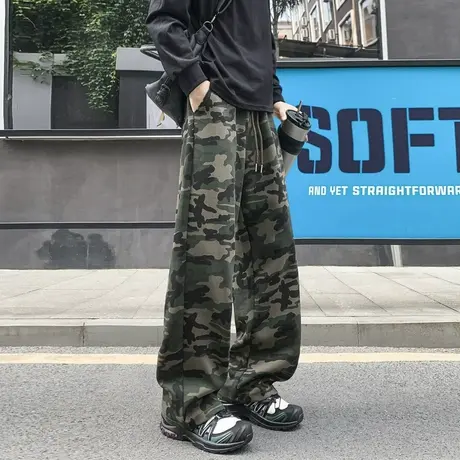 美式高街迷彩工装裤子男春秋季新款潮牌复古阔腿百搭直筒休闲长裤商品大图