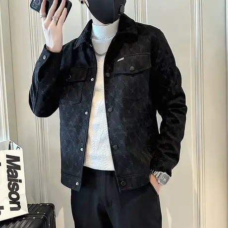 翻领工装夹克男秋季韩版修身2023新款个性机车发型师秋装印花外套商品大图