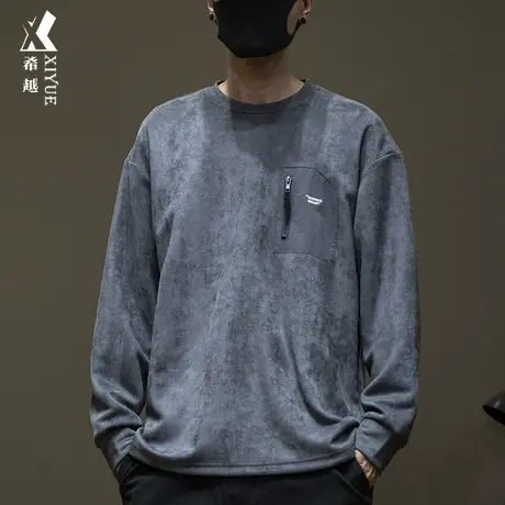 日系复古麂皮绒卫衣男秋季370g重磅口袋拉链宽松大码内搭打底衫商品大图