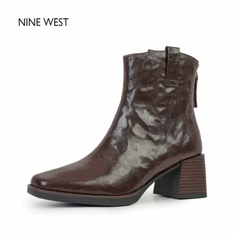 奥莱专供Nine West/玖熙法式复古方头粗跟烟筒靴马丁靴气质短靴冬图片