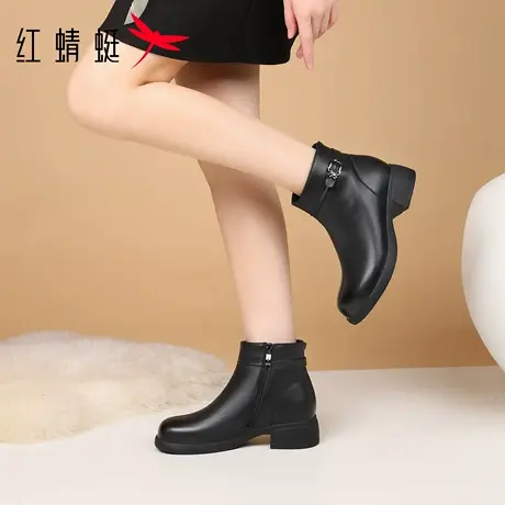 红蜻蜓冬季女鞋新款女士靴子女中筒短靴真皮加绒高帮皮靴妈妈棉靴图片