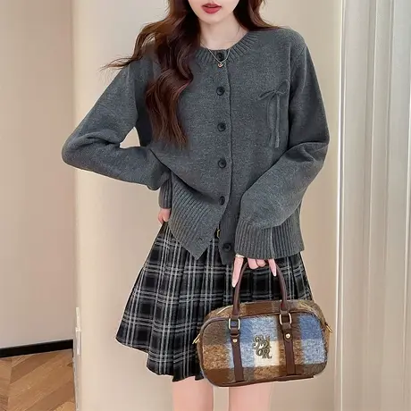 唐狮新款开衫毛衣女圆领灰色温柔简约气质蝴蝶结设计针织衫ydtu图片