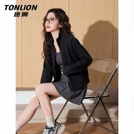 唐狮官方短款外套女2026新款春季美式运动休闲卫衣开衫黑色上衣VC图片