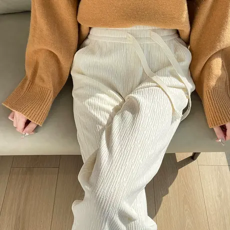 白色雪尼尔阔腿裤女冬季新款垂感宽松高腰显瘦加厚直筒百搭拖地裤商品大图