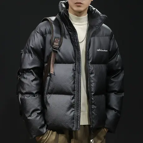 80鸭绒羽绒服男冬季2023新款亮面潮牌大码男士外套短款立领新国标商品大图