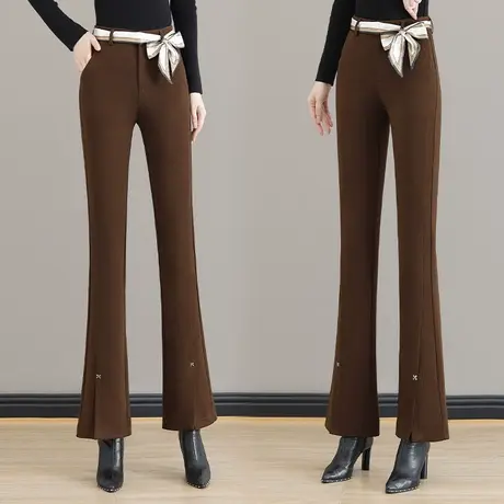 毛呢微喇裤女秋冬季英伦风系带开叉马蹄裤设计感气质修身鱼尾裤潮图片