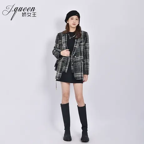 小香风粗花呢子西装女秋冬季新款时尚气质假两件黑白格纹毛呢外套商品大图