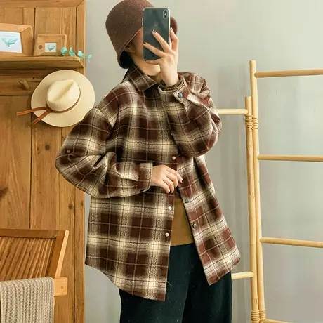 dza 复古纯棉加厚格子衬衫外套女2023冬新款宽松上衣休闲长袖衬衣图片